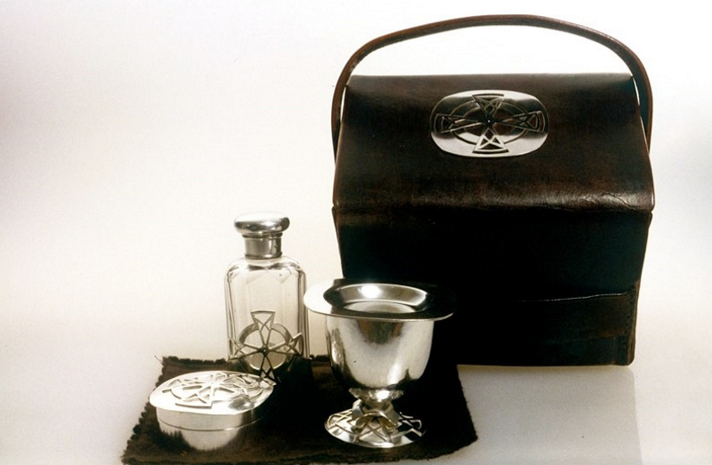 Home Communion Set. 2005. Sterling, antique crystal bottle, leather. 5" x 6" x 4". Christ Church, Anglican